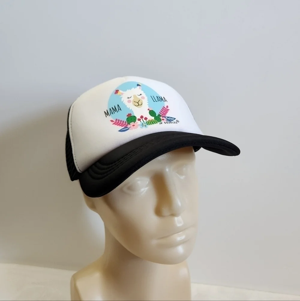 JP Doodles Mama Llama Floral Flower White Black Women's Mesh Trucker Hat Cap